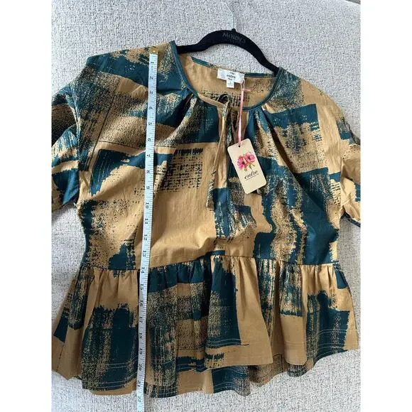 Entro Harper Peplum Top Hunter Green Black Tie Neck Blouse Sz S - NWT - Picture 9 of 11